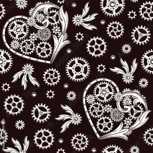 Seamless pattern with heart, gears, rivets, victorian elements in steampunk style. White elements on a black background.