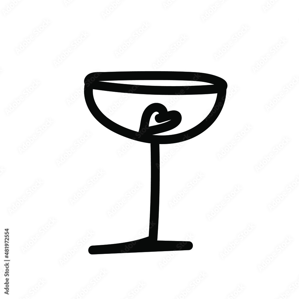 Vector illustration of a Champagne glass for Valentine's Day with a black line on an isolated background.Single,simple,festive picture in doodle style.Design for cards,stickers,posters,web,packaging. Vector illustration of a Champagne glass for Valentine's Day with a black line on an isolated background.Single,simple,festive picture in doodle style.Design for cards,stickers,posters,web,packaging.