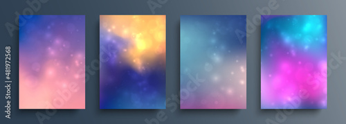 Blurred backgrounds set with bokeh effect and color gradient. Space galaxy template for your futuristic graphic design. Vector illustration.