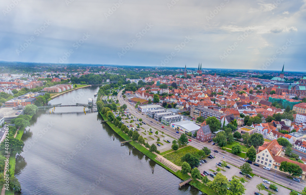 Aerial view of Lubeck from drone, Germany.