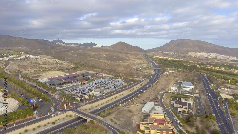 Aerial view of Coasta Adeje in Tenerife. Mountains and countryside.