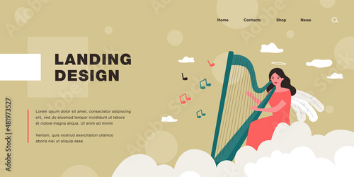 Cartoon angel playing harp flat vector illustration. Girl with wings and halo above her head engaged in music sitting on cloud in sky. Religion, music, heaven, hobby, inspiration concept for design