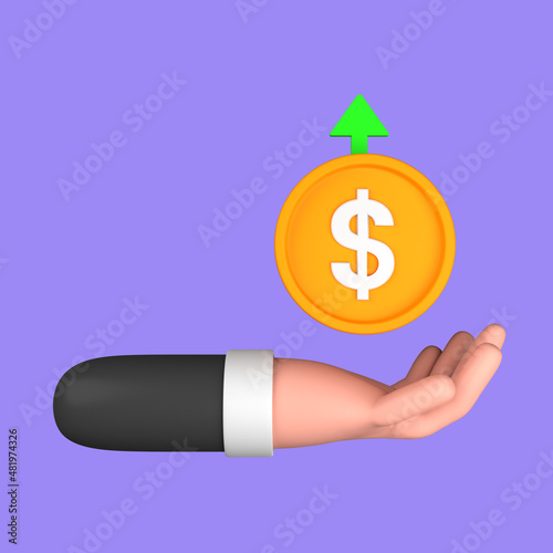 3d cartoon hand give coin up isolated on a purple background, hand give coin up icon. 3d rendering illustration