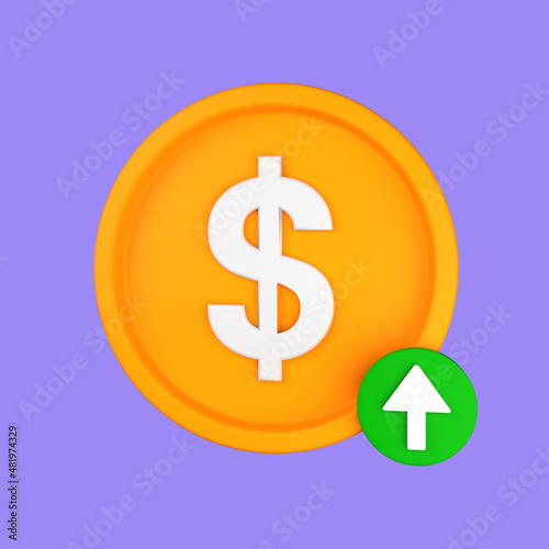 3d cartoon coin up isolated on a purple background, coin up icon. 3d rendering illustration