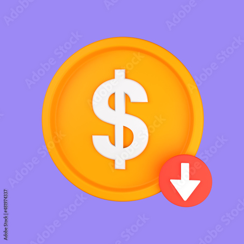 3d cartoon coin down isolated on a purple background, coin down icon. 3d rendering illustration