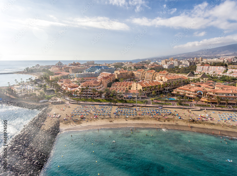 Aerial view of Las Vistas Beach and Playa de Los Cristianos on the southern coast of Tenerife, Canary Islands