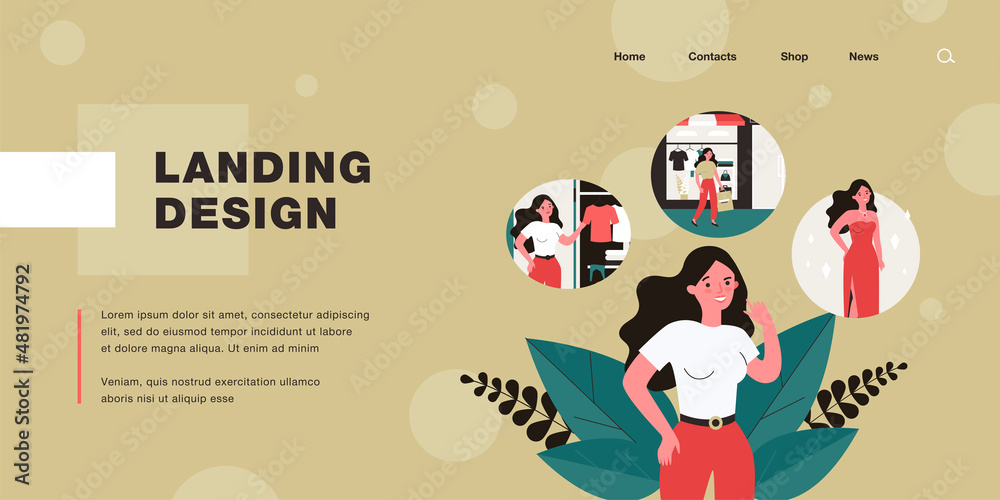 Fototapeta premium Cartoon woman thinking about buying beautiful new dress. Girl going to clothing store and getting dress flat vector illustration. Shopping, fashion concept for banner, website design or landing page