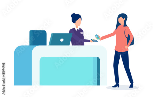 Vector of a young woman paying at hotel check out with a smartphone digital wallet