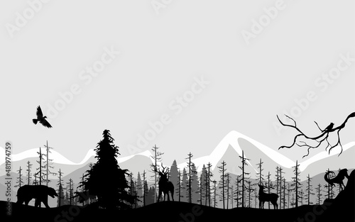 Monochrome color wildlife silhouettes of animals and landscape vector