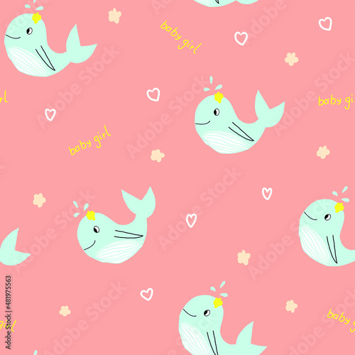 Vector seamless pattern with cute smiling whale girl,simple flat illustration,clip art for kids,baby fashion,textile,interior design,wallpaper,decoration,marine print with pink background. 