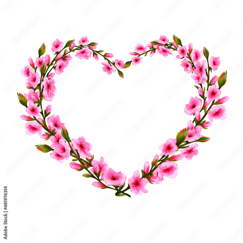 watercolor wreath of branches with pink flowers, in the shape of a heart, on a white background.