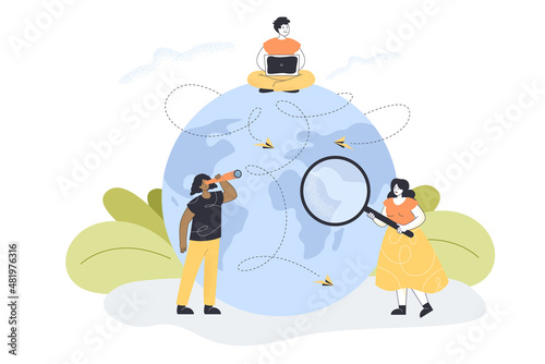 HR team looking for outsource employees. Business people and recruitment process, tech person sitting on globe flat vector illustration. Outsourcing concept for banner, website design or landing page