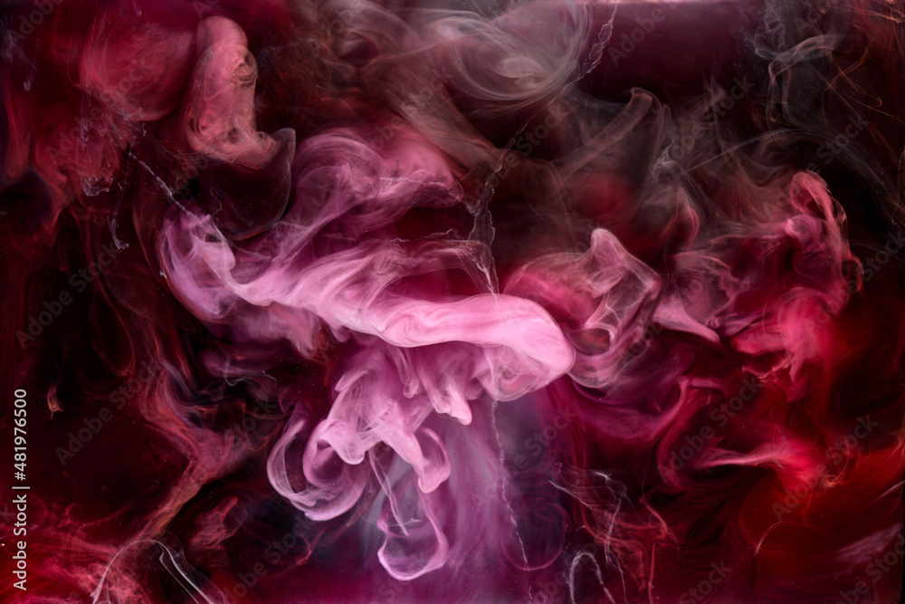 Pink smoke on black ink background, colorful fog, abstract swirling touch ocean sea, acrylic paint pigment underwater - obrazy, fototapety, plakaty 
