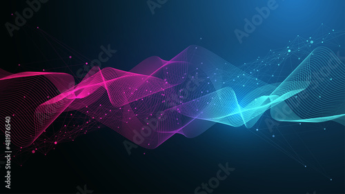 Quantum computer technology banner design template concept. Deep learning artificial intelligence. Big data algorithms visualization for business, science, technology. Waves flow, illustration.