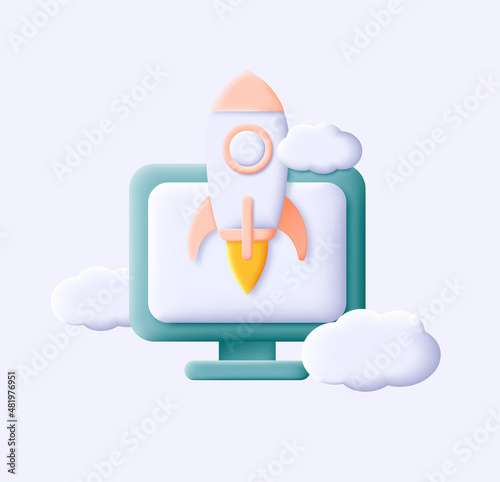 3d illustration of green desktop computer with spaceship flying out of the screen. 3d cartoon style vector