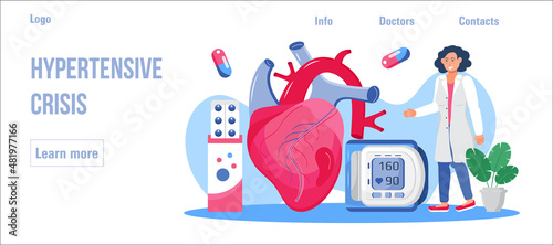 Hypertension medical concept vector for web, homepage. Hypertensive crisis and sphygmomanometer.