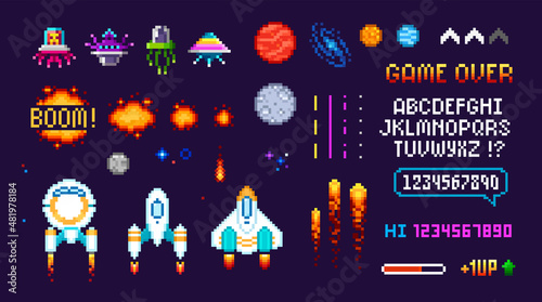 Fototapeta Naklejka Na Ścianę i Meble -  Pixel Art 8 bit arcade video game objects with space ships. 90s retro style 8 bit computer game. Pixelated Space arcade elements template vector illustration