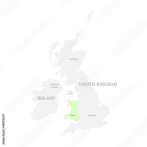 Map of United Kingdom countries with the indication of Wales. Political map of England  Scotland  Wales  Northern Ireland and Isle of Man. Detailed outline and silhouette. All isolated on white