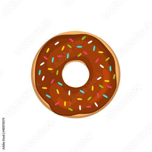 Donut with chocolate icing and colored sprinkles. Vector illustration isolated on white background