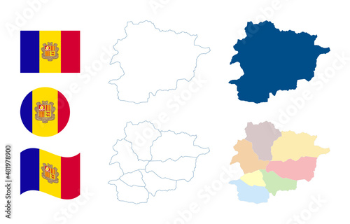 Andorra map. Detailed blue outline and silhouette. Administrative divisions and communities. Parishes of Andorra. Country flag. Set of vector maps. All isolated on white background.