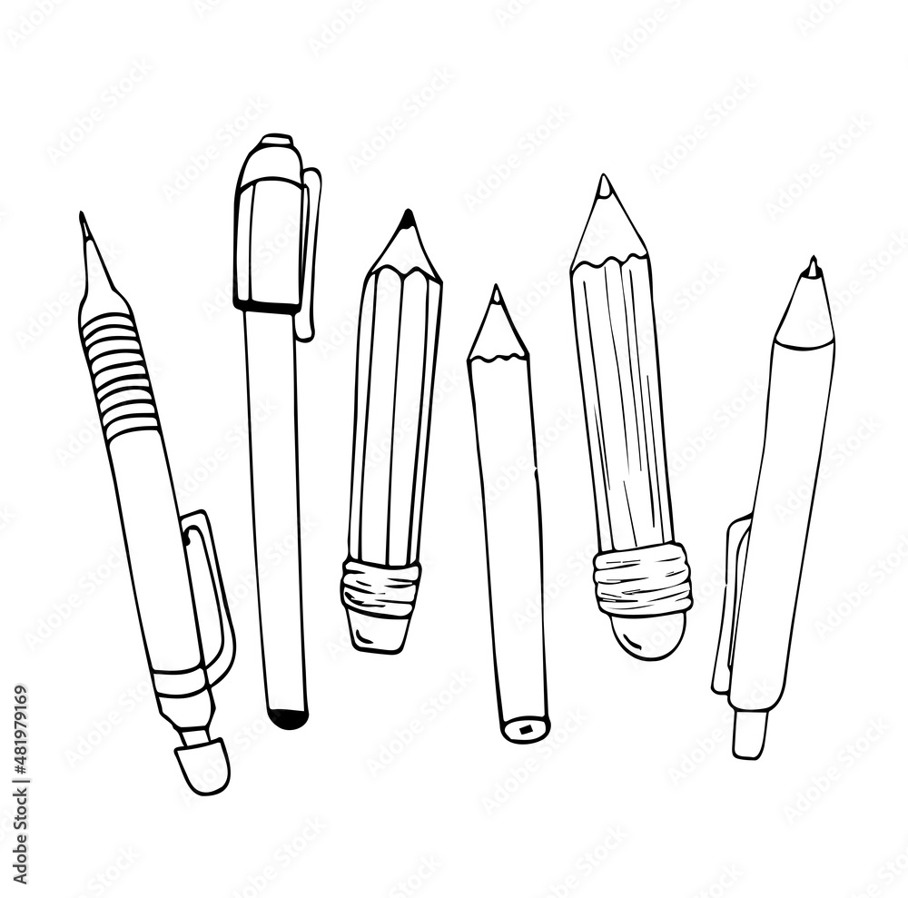 Hand drawn stationery set. Vector doodle pencils. Set of school accessories and supplies. Tools composition. Pencil, Pen, Marker Hand drawn stationery set. Vector doodle pencils. Set of school accessories and supplies. Tools composition. Pencil, Pen, Marker