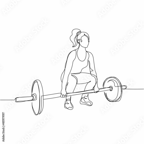 Continuous one simple single abstract line drawing of woman doing deadlifting with-heavy barbellicon in silhouette on a white background. Linear stylized.