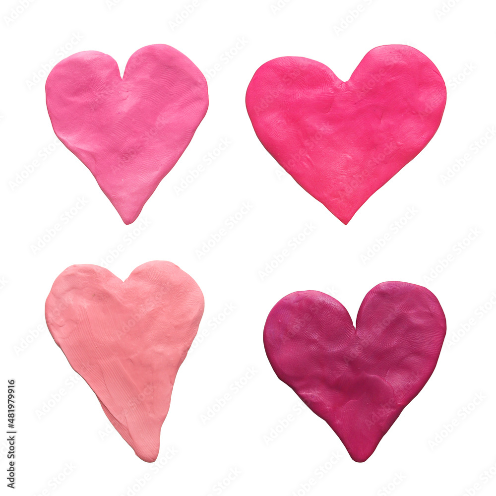 Tender hearts hand modeling of plasticine. Vintage style. Love set for St. Valentine's day and wedding design. Isolated white background