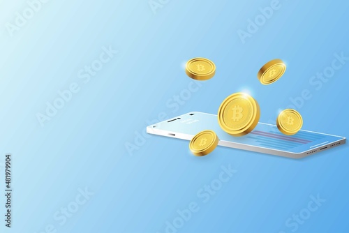Concept of crypto on mobile, golden coins floating over a smartphone in blue color shade background.