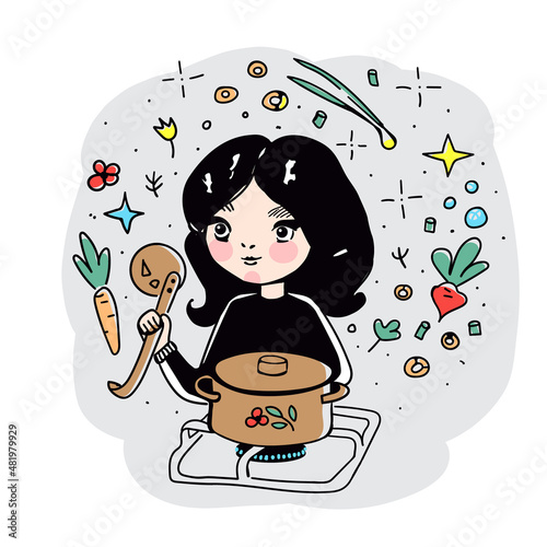 Vector Illustration of a Cute Little Chef Girl Cooking Borsch