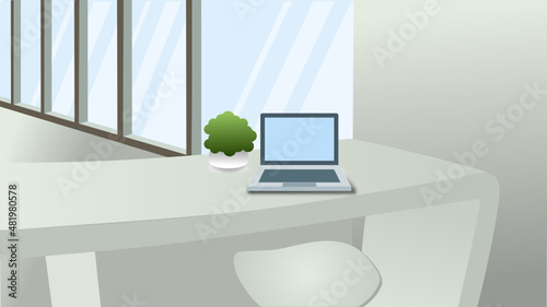 Modern interior with laptop, spacious table, plants, floor-to-ceiling windows in minimal design, showing  a fashionable and relaxing lifestyle.
