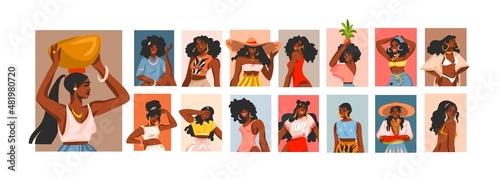 Hand drawn vector abstract stock graphic illustrations collection set with young happy black afro american beauty women group lifestyle avatar,summer boho style isolated on white background.