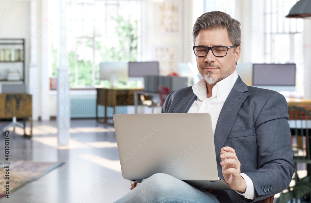 Businessman sitting in office working with laptop computer. Business portrait of older man. Businessman sitting in office working with laptop computer. Business portrait of older man.