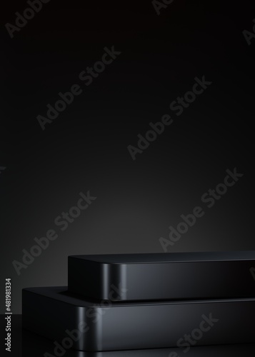 Modern dark black podium or pedestal for product showcase. Boxes shapes pedestal.Black background. Empty stage display. 3d render illustration