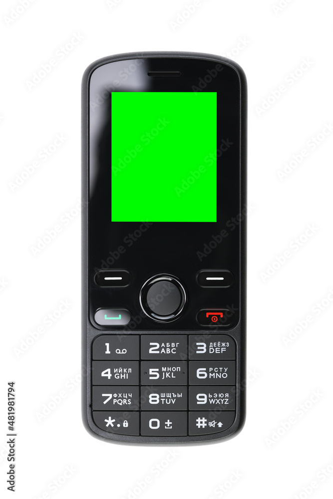 Retro push-button mobile phone isolated on white background with green screen. Retro push-button mobile phone isolated on white background with green screen.
