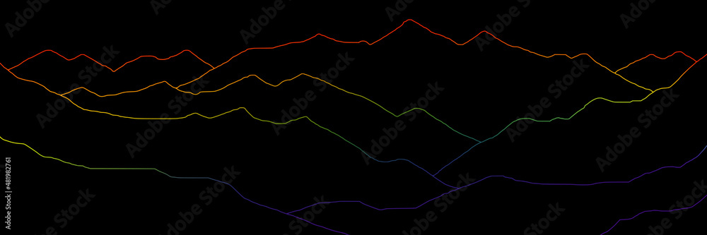 Colored curved lines on a black background, imitation of mountain ranges. Vector design, minimalism.	