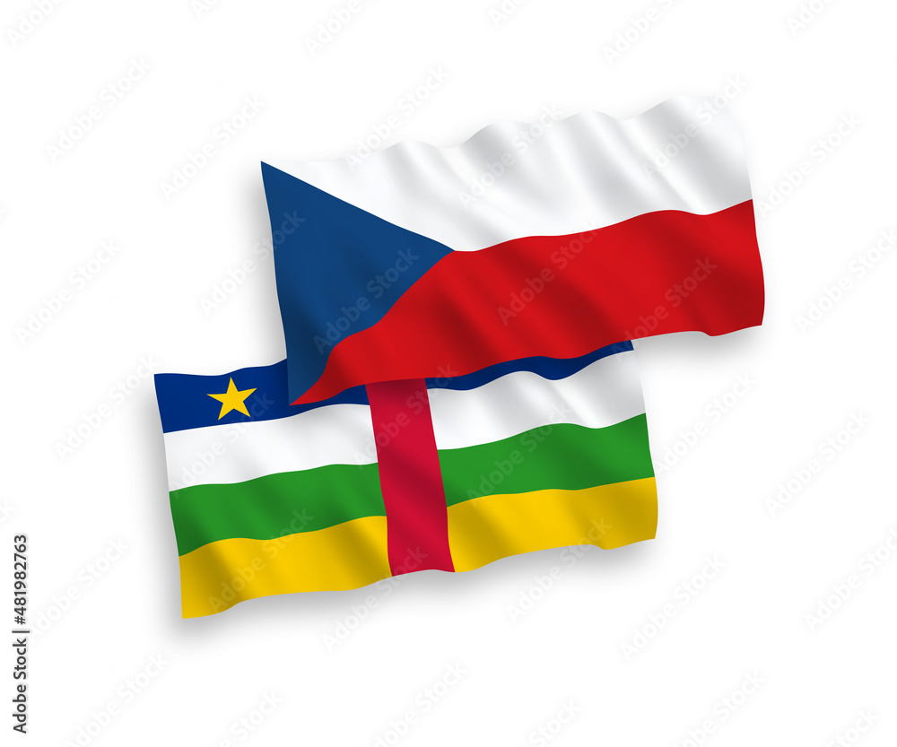Obraz premium National vector fabric wave flags of Czech Republic and Central African Republic isolated on white background. 1 to 2 proportion.