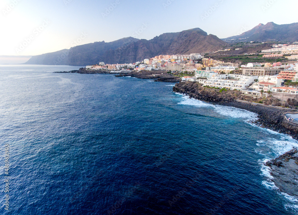 Santiago del Teide port area, aerial view of Tenerife from done, Canary Islands.
