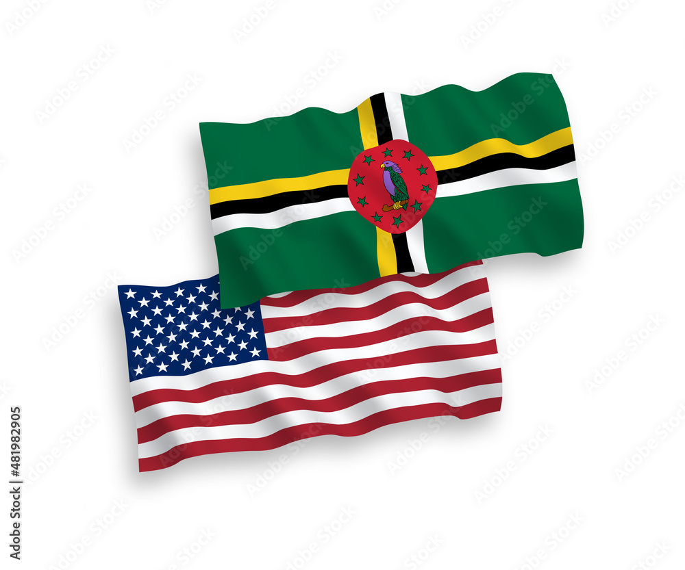 National vector fabric wave flags of Dominica and USA isolated on white ...
