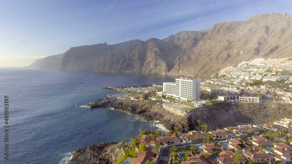 Aerial view of Garachico landscape in Tenerife from drone.