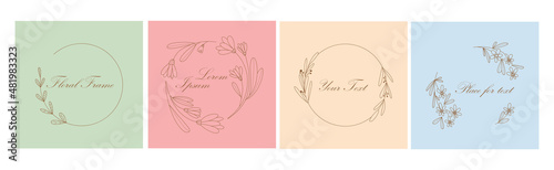 Botanical circle frame. Hand drawn round line border, leaves and flowers, wedding invitation and cards, logo design and posters template. Elegant minimal style floral vector isolated set