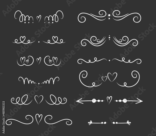Heart divider set. Hand drawn swirl line borders, hearts and love letters, romantic valentines or wedding decoration, simple style decor, white ornament on blackboard, vector isolated collection
