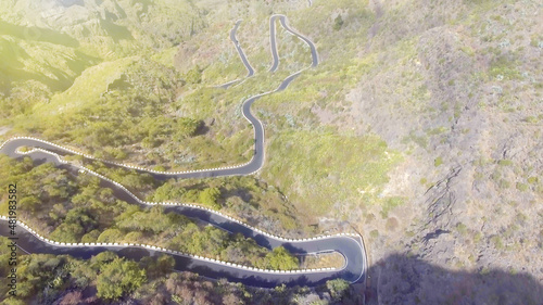 Aerial overhead view of the road to Mount Teide, Tenerife from drone - Spain.