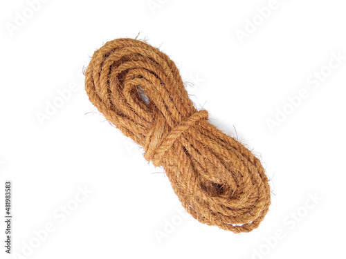 coconut coir fiber rope isolated on white background, selective focus