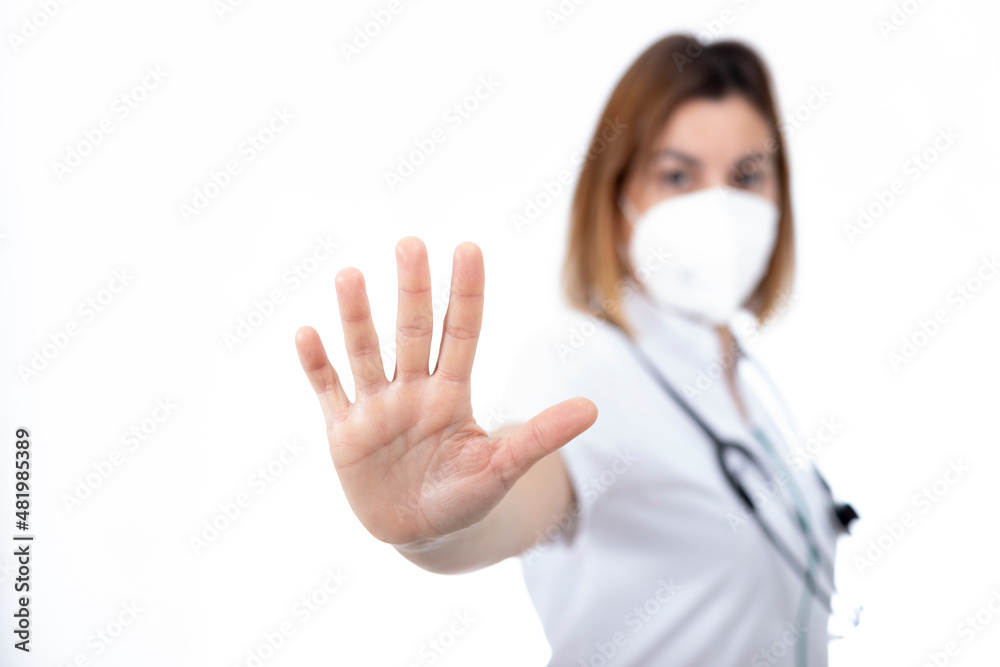 Doctor, nurse and pharmacist gesturing to stop. Doctor, nurse and pharmacist gesturing to stop.