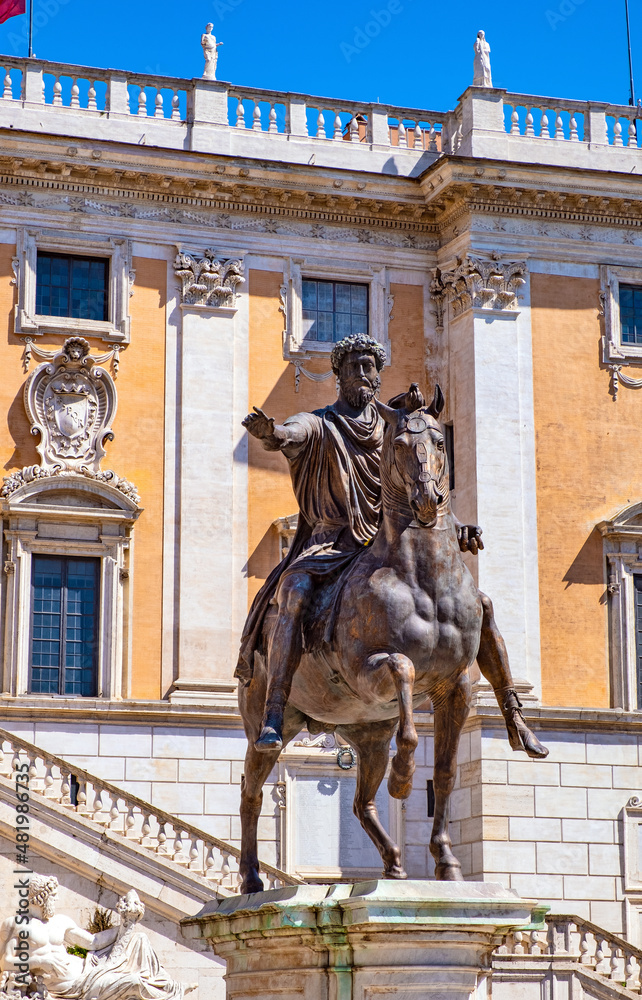 Equestrian Statue of Caesar Marcus Aurelius replica at Piazza Campidoglio square at Capitoline hill in historic city center of Rome in Italy