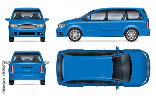 Blue minivan vector mockup on white background for vehicle branding, corporate identity. View from side, front, back, top. All elements in the groups on separate layers for easy editing and recolor photo