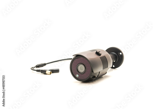 Black aluminum weatherproof security camera surveillance video bullet with infrared night vision lens isolated side view