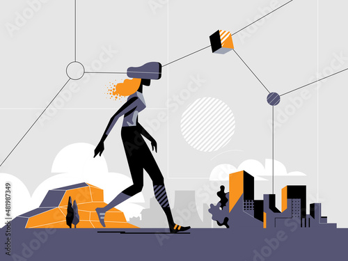 Giovane donna che cammina nel metaverso