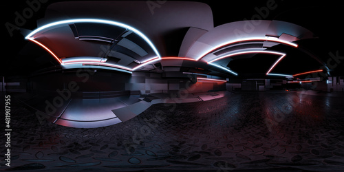 Fototapeta Naklejka Na Ścianę i Meble -  360 degree panorama of dark modern futuristic technology station space ship sci-fi laboratory. 3d render illustration hdr hdri vr virtual reality environment map