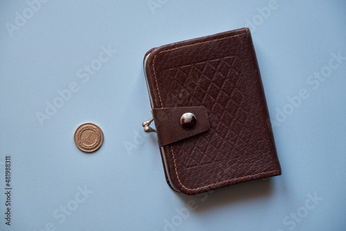 moneta i brązowy portfel na niebieskim tle,polski złoty 